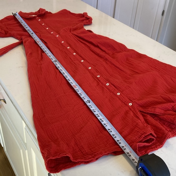 XiRENA Caylin Dress Cotton Gauze Muslin Button Down Midi Cherry Red Pockets XS - Picture 6 of 9